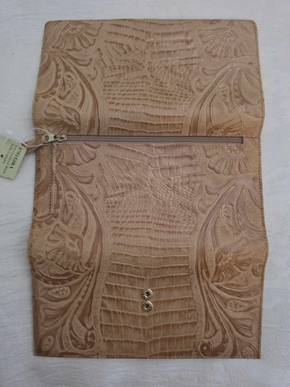 Brahmin Vintage Soft Checkbook Wallet in Raffia Copacata Tooled Leather Tan